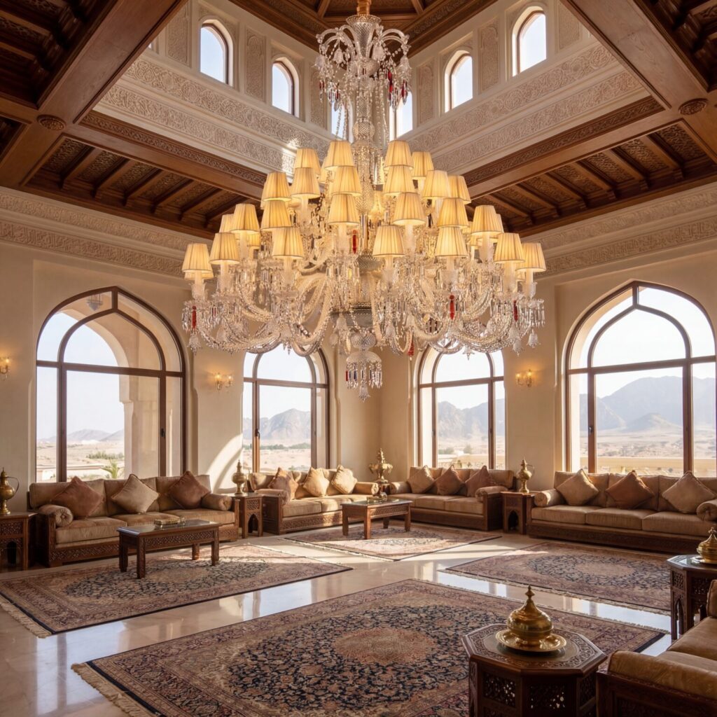 “Desert Serenity”: A Grand Traditional Chandelier with Fabric Shades for an Omani Villa Majlis