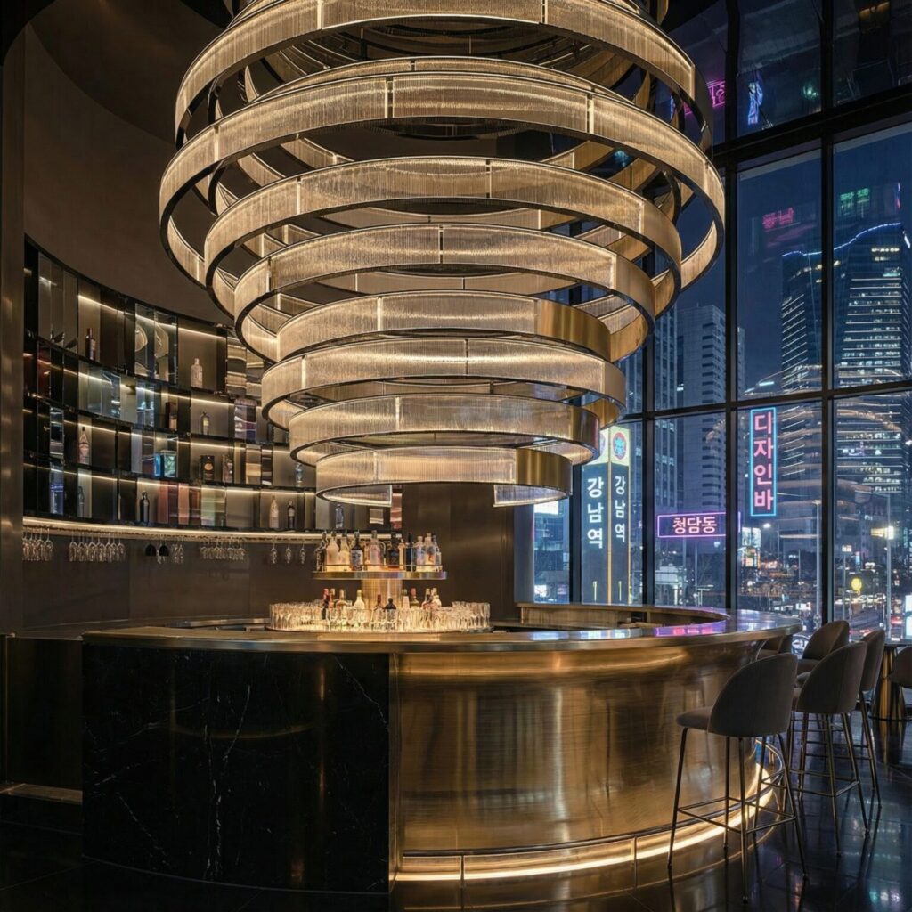 “Neon Noir”: A Monumental Circular Chandelier for a Gangnam Designer Lounge