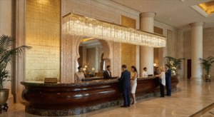 Bespoke Linear Crystal Chandelier for Luxury Hotel Reception in Dubai, UAE