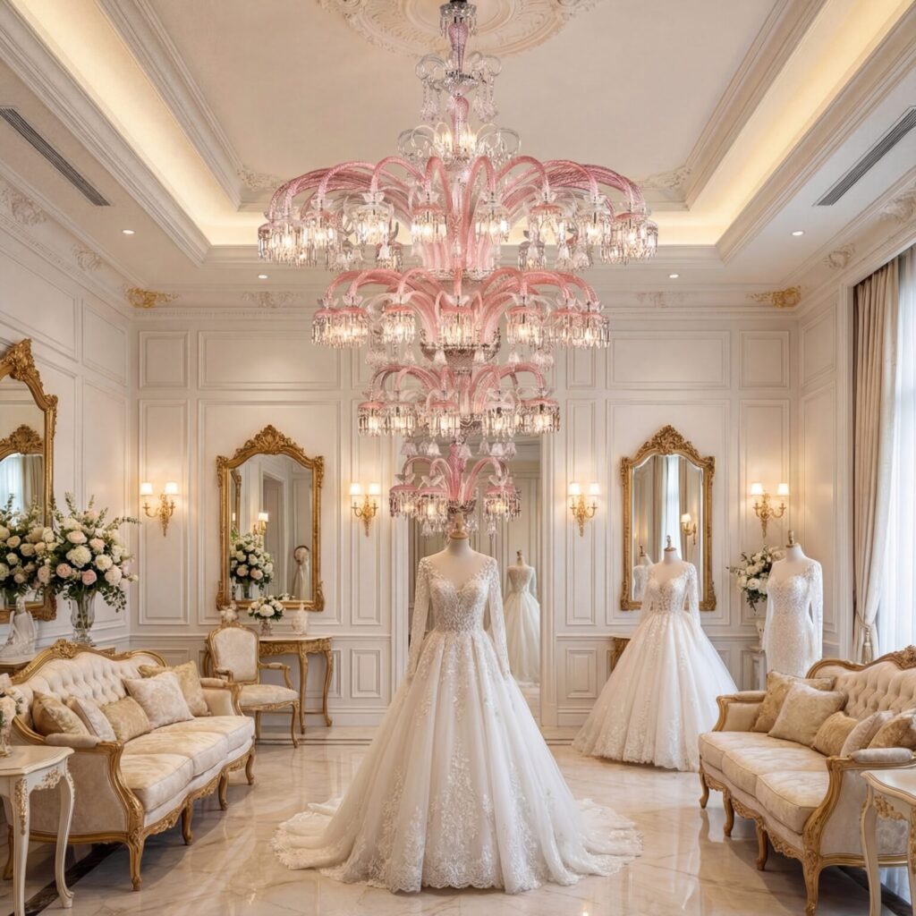 “Romantic Blush”: Bespoke Pink Art-Glass Chandelier for Luxury Bridal Atelier in Paris