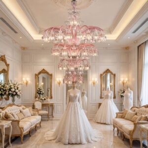 “Romantic Blush”: Bespoke Pink Art-Glass Chandelier for Luxury Bridal Atelier in Paris